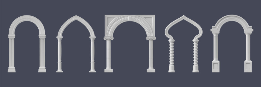 Realistic palace arch pillar gate, marble archway, ancient castle arc, greek temple column or antique mosque door frames. Vector 3d architecture elements set of realistic arches with pillars