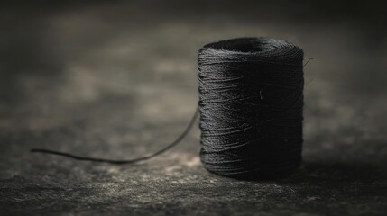 Black thread spool on dark surface: close-up of sewing material