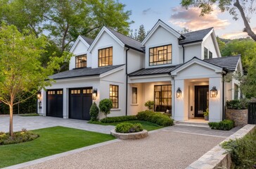 A modern, minimalist-style home in the West Hollywood area with black shingle and white stucco walls. The house has two stories, multiple windows, and an elegant front yard with green grass, trees