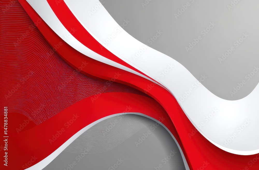 Poster abstract design with red and white curved shapes.