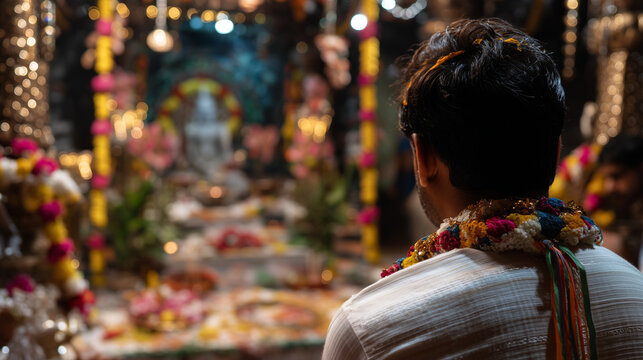 Hindus celebrate Shravan Maas by performing puja in the temple, a man wearing traditional white attire with colored strings on his wrists, Ai generated images