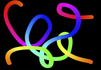 Vibrant and smooth neon light trail in a spiral shape against a dark black background. The glowing line transitions through a spectrum of colors.