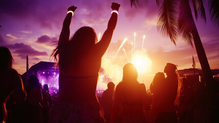 A dynamic moment from the Hangout Music Festival at dusk, where the crowd erupts under a sky painted with purples and oranges