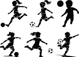Silhouette of Boy and Girl Playing Football Fun Kids Sports Vector Illustration