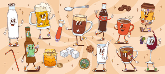 Cartoon retro groovy drink and beverage characters. Cute hippie psychedelic coffee, milk and tea cups vector personages. Funny groovy bottles and glasses of beer, milk, wine and soda drink characters