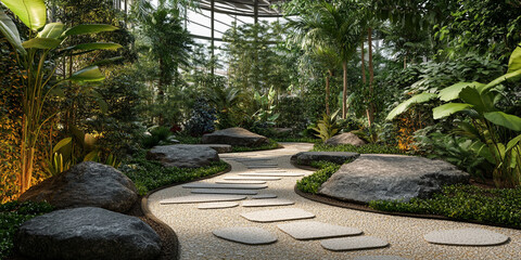 Zen-inspired indoor garden area with stone pathways 32k, full ultra hd, high resolution