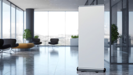 Blank white roll-up banner stand in a modern office interior with a bright, minimalist aesthetic.