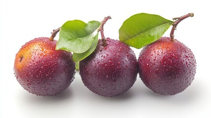 Fototapeta premium Queen Garnet Plums Trio with Leaves, Representing Fresh and Delicious Fruits
