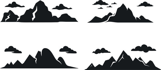 Set of Mountain Silhouette Landscape – Rocky Peaks under Cloudy Sky in Scenic Alpine Wilderness