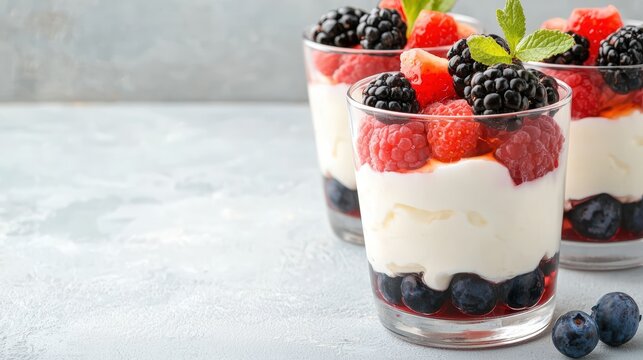 Visually striking product photography, commercial poster of a tangy yogurt parfait with fruit,