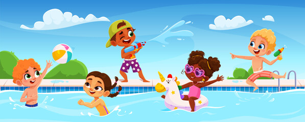 Cartoon children bathe swim and play in the pool. Funny kids at water party. Vector fun summer scene with boys and girls splashing, using float ring, beach ball and water guns during outdoor activity