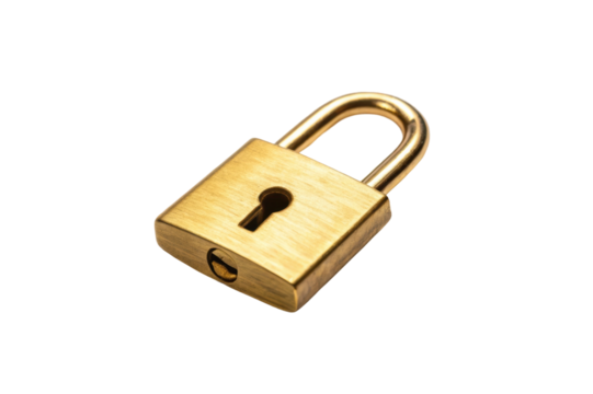 PNG Golden brass padlock isolated on black background: security symbol