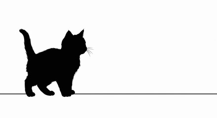 Minimalist Black Kitten Silhouette Standing on Line Isolated on White Background