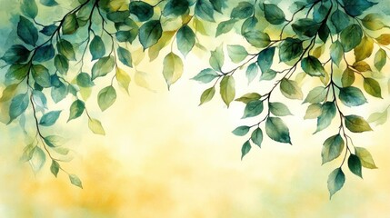 Watercolor painting of green leaves on branches
