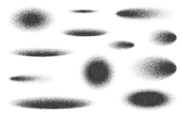 Oval and circle noise grain shadows effect with dots stipple gradient, vector shades. Circle shadows with noise grain effect, sand dotwork or paint spray for realistic oval shadows with grain texture