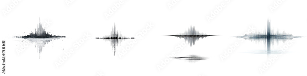 Poster dynamic sound wave illustrations in monochromatic tones, showcasing diverse patterns and forms that 