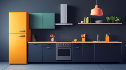 Modern kitchen design featuring vibrant colors and contemporary appliances in a stylish interior space