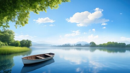 Obraz premium Tranquil Scene of a Rowboat on a Serene Blue Lake Surrounded by Nature