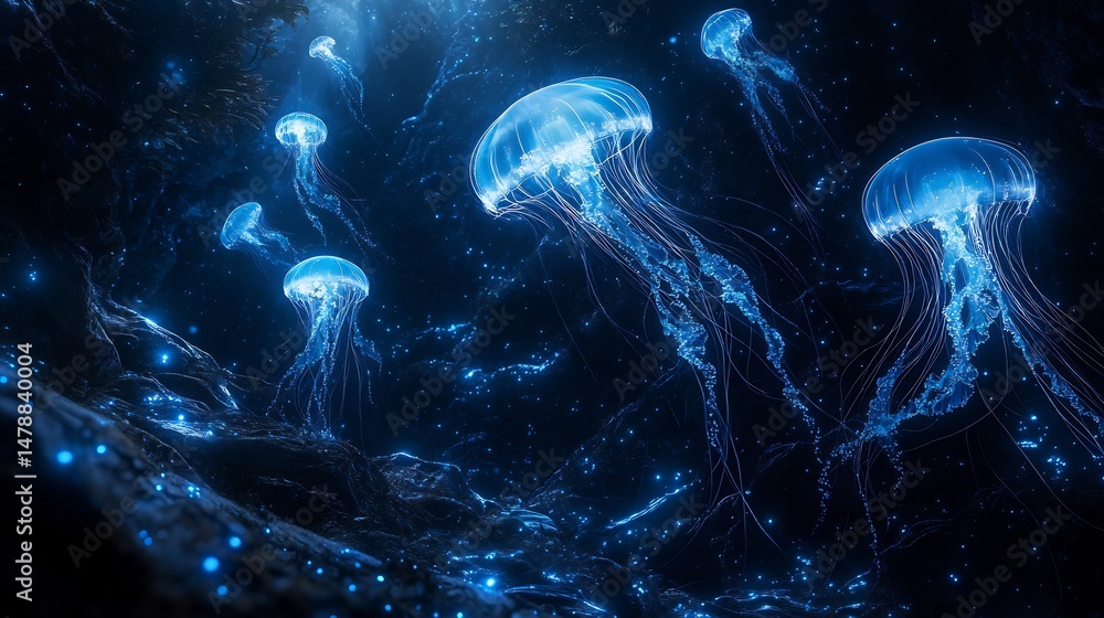 Poster Glowing bioluminescent underwater world with glowing jellyfish floating above the seafloor casting light through the dark ocean depths