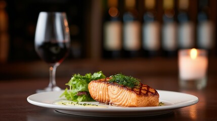 Grilled salmon dish served with wine and salad.