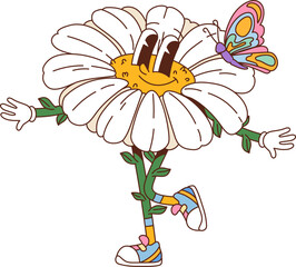 Cartoon groovy daisy flower hippie plant character with a butterfly. Isolated vector chamomile blossom personage with white petals, stem limbs, googly eyes, wide, charming smile and summer y2k vibe