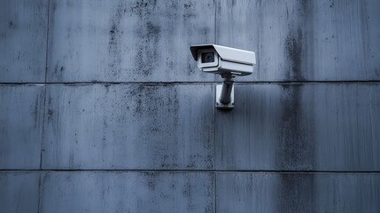 Security camera mounted on textured wall for surveillance and monitoring