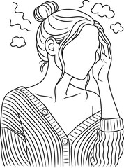 Stressed Woman Line Art – Headache and Anxiety Concept Illustration