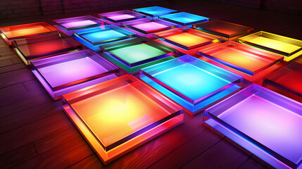 Fototapeta premium Colorful illuminated square tiles arranged on a wooden surface casting vibrant reflections around it