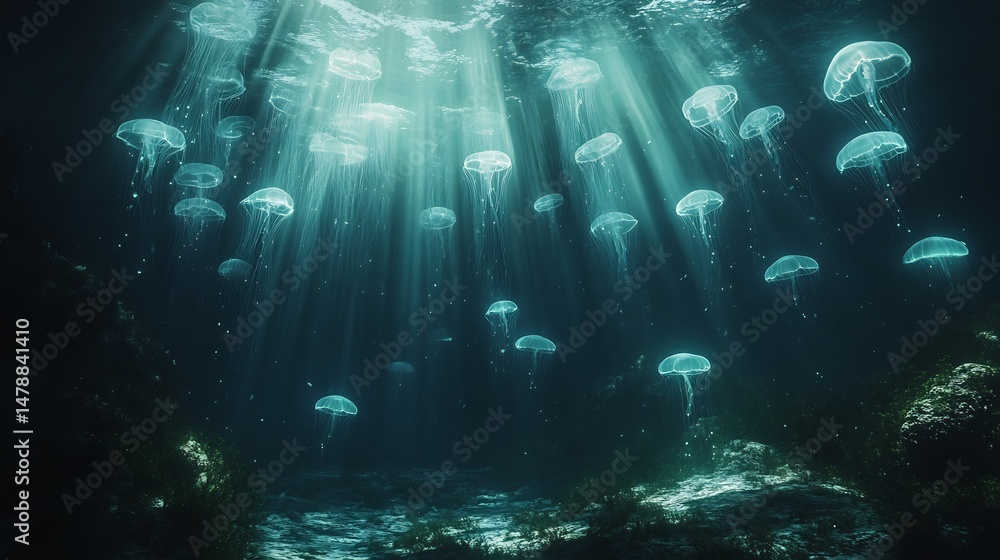 Poster Glowing bioluminescent underwater world with glowing jellyfish floating above the seafloor casting light through the dark ocean depths