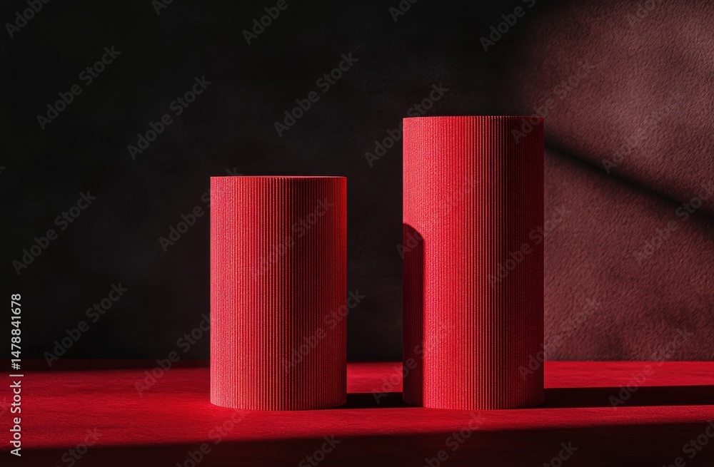 Poster two red cylindrical objects on a red surface.