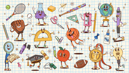 Groovy school and education stationery characters on a grid background. Cartoon vector learning and fun ruler, pencil, globe, apple and sports equipment. Educational personages of students supplies