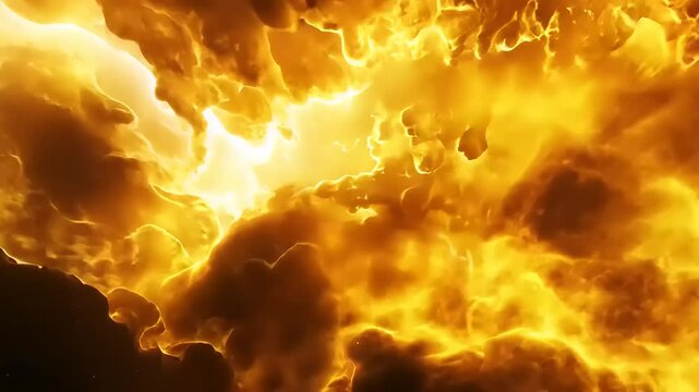 Golden cloudscape, radiant light bursts through, creating a celestial, fiery scene