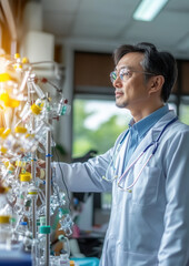 Scientist conducts research on innovative medical equipment laboratory photography indoor close-up technology advancement
