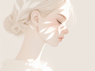 Serene woman, sunlight leaves cast on face, pale skin, gentle expression