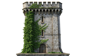 PNG Medieval stone tower with ivy-covered walls and arched wooden door