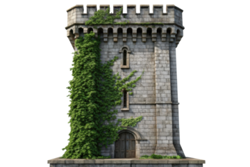 PNG Medieval stone tower with ivy-covered walls and arched wooden door