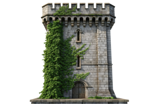 PNG Medieval stone tower with ivy-covered walls and arched wooden door