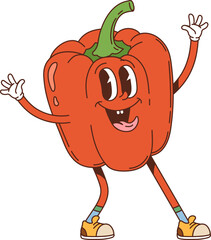 Cartoon groovy pepper vegetable character with funny silly face, vector comic personage. Groovy red bell pepper in retro cartoon with freaky tongue out and crazy laughing for food emoji character