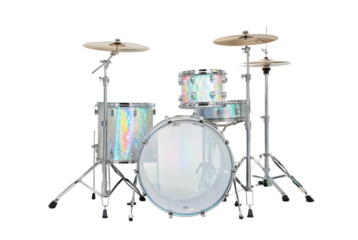 PNG Shiny iridescent rock drum kit with cymbals on black background