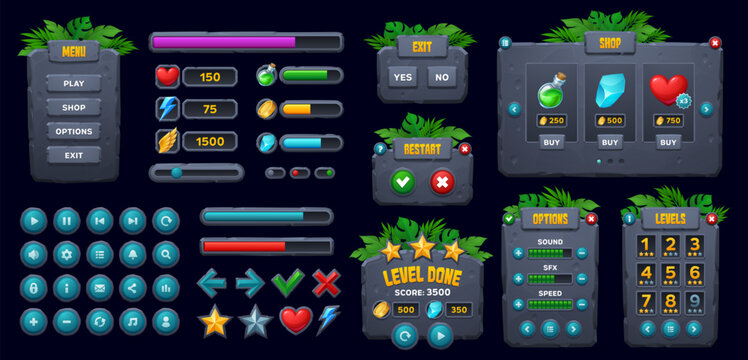 Game UI, jungle forest stone interface buttons and frames with rock boards and panels, vector GUI. Jungle forest arcade game interface icons, loading bars and stone menu controls with level options