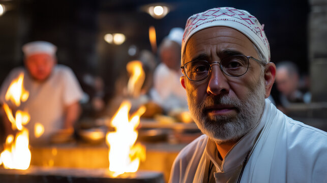 Zoroastrian priest stands in front of the sacred fire altar before the Maidyoshem Gahambar communal meal begins, Ai generated images