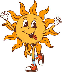 Cartoon groovy Wild west western sun character. Isolated vector sunny retro personage with big, joyful smile, vibrant rays beaming, arms outstretched, exude positive summer vibes, warmth and happiness