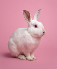 Obraz premium Adorable white rabbit posing against a vibrant pink backdrop, creating a striking and colorful contrast that highlights its fluffy features