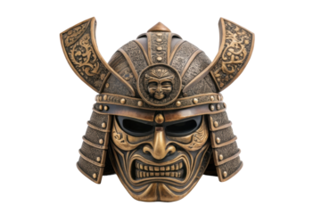 PNG Intricately designed bronze samurai mask with traditional patterns and fierce expression