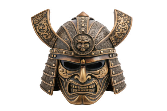 PNG Intricately designed bronze samurai mask with traditional patterns and fierce expression