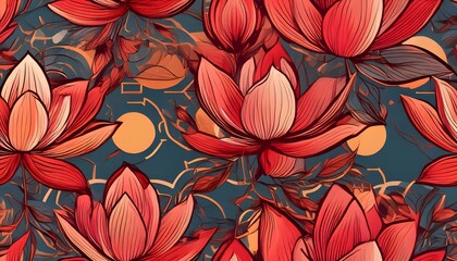 Seamless pattern of lotus flowers with a dark teal background.