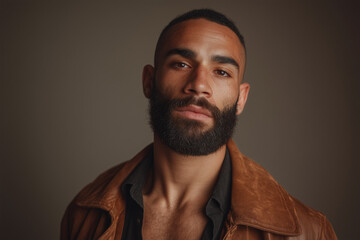 Studio portrait of attractive young man with full beard wearing open brown leather jacket and black shirt on plain brown background