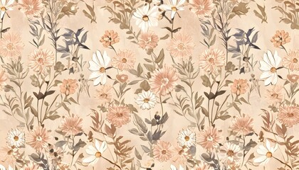 Seamless pattern with watercolor flowers, beige background, vintage style.