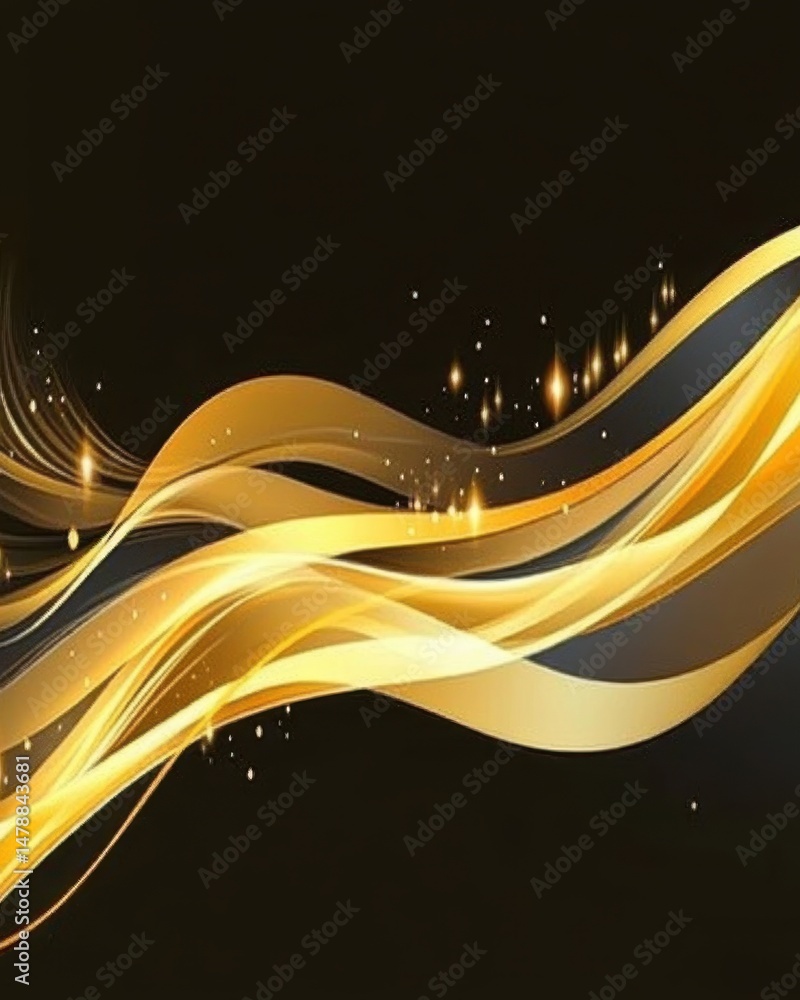 Poster abstract golden ribbon waves flowing on black background with light sparkles elegant design graphic 