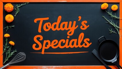 Black chalkboard with orange lettering reads todays specials. Perfect for restaurant menu boards or social media posts advertising daily deals.